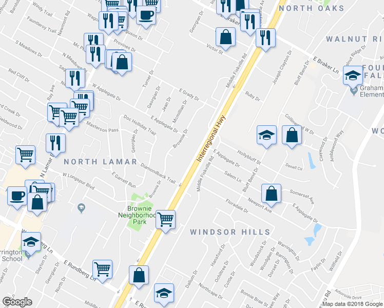 map of restaurants, bars, coffee shops, grocery stores, and more near 10308 N Interstate 35 in Austin