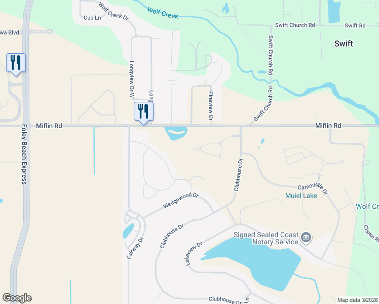 map of restaurants, bars, coffee shops, grocery stores, and more near 22617 Inverness Way in Foley