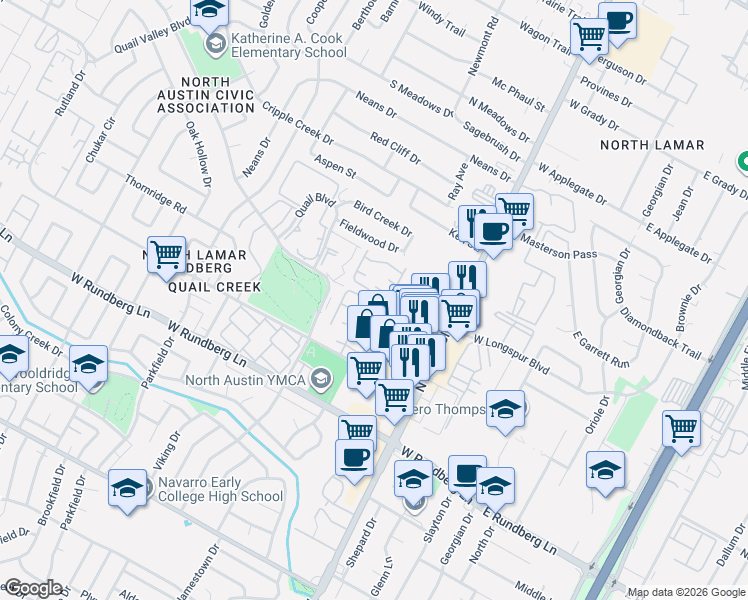 map of restaurants, bars, coffee shops, grocery stores, and more near 901 West Village Lane in Austin