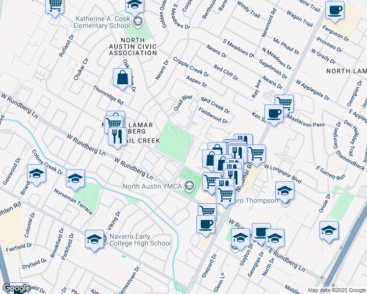 map of restaurants, bars, coffee shops, grocery stores, and more near 1124 Rutland Drive in Austin