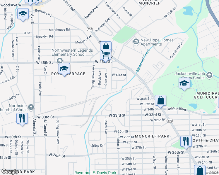 map of restaurants, bars, coffee shops, grocery stores, and more near 5248 Spires Avenue in Jacksonville