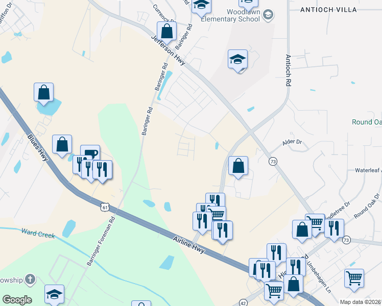 map of restaurants, bars, coffee shops, grocery stores, and more near 15725 Long Farm Road in Baton Rouge