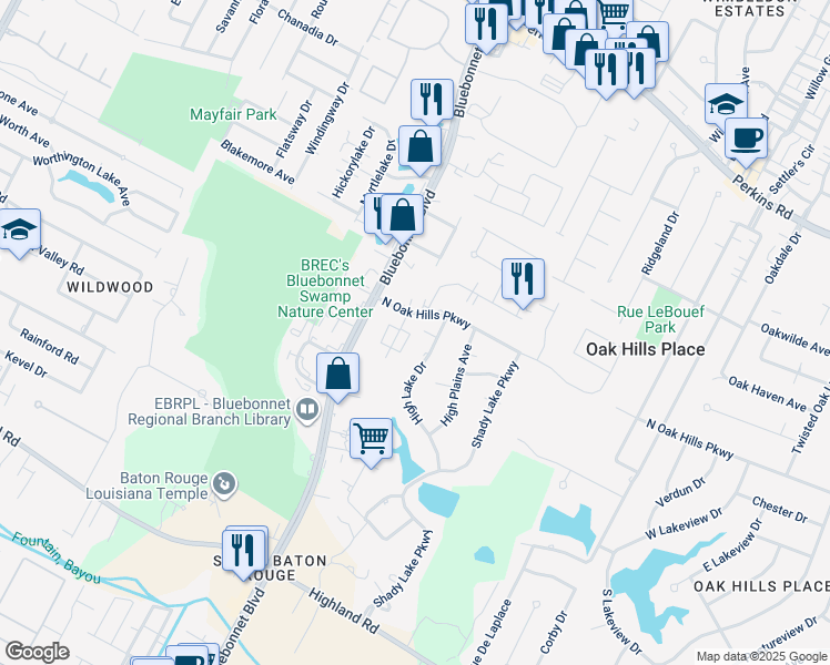 map of restaurants, bars, coffee shops, grocery stores, and more near 10723 North Oak Hills Parkway in Baton Rouge