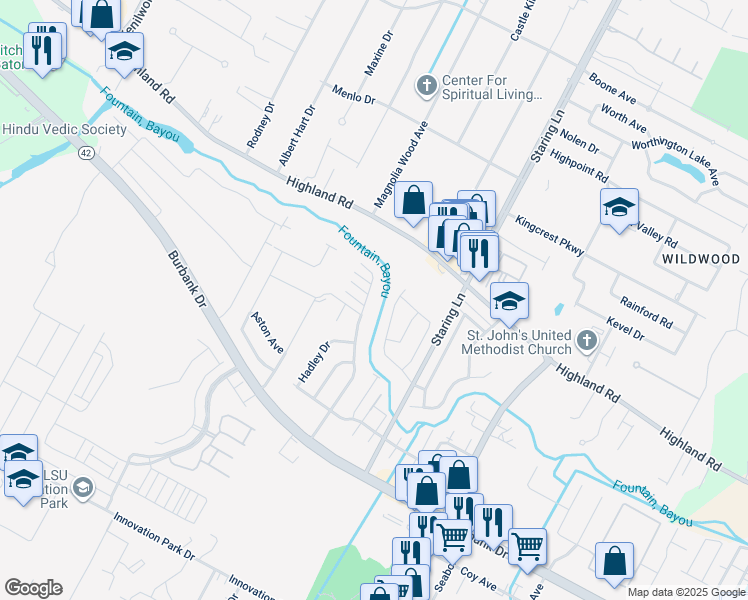 map of restaurants, bars, coffee shops, grocery stores, and more near 253 Meadow Bend Drive in Baton Rouge