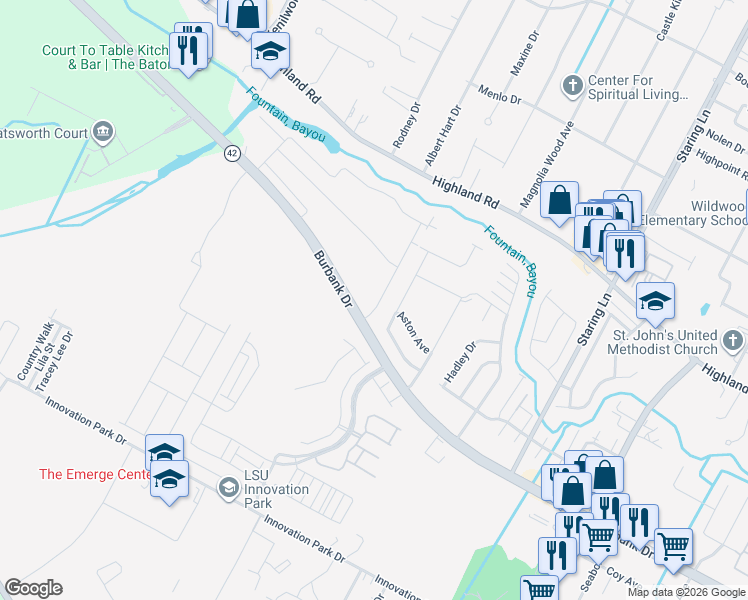 map of restaurants, bars, coffee shops, grocery stores, and more near 641 Portula Avenue in Baton Rouge