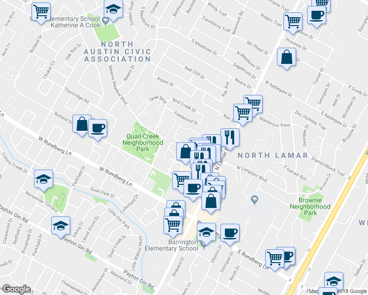 map of restaurants, bars, coffee shops, grocery stores, and more near 901 West Village Lane in Austin