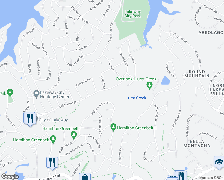 map of restaurants, bars, coffee shops, grocery stores, and more near 418 Sailmaster Street in Lakeway