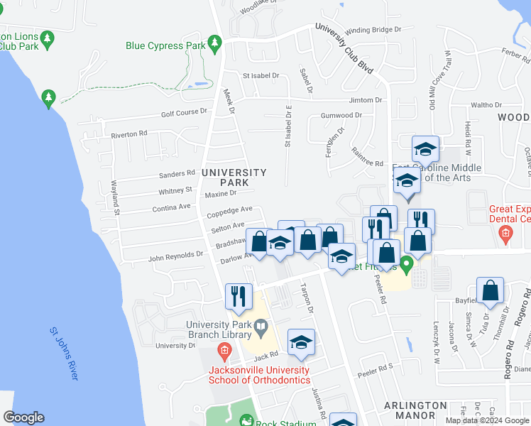map of restaurants, bars, coffee shops, grocery stores, and more near 3743 Cavanaugh Drive in Jacksonville