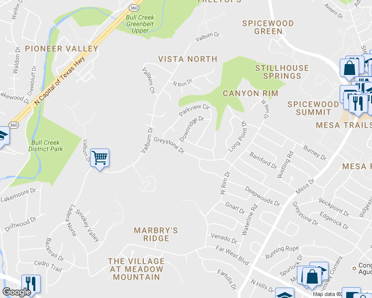 map of restaurants, bars, coffee shops, grocery stores, and more near 4700 Greystone Drive in Austin