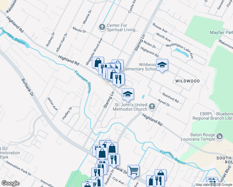 map of restaurants, bars, coffee shops, grocery stores, and more near 8905 Highland Road in Baton Rouge