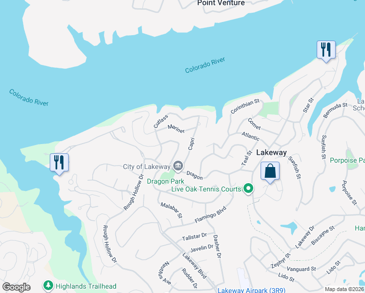 map of restaurants, bars, coffee shops, grocery stores, and more near 203 Malabar Street in Lakeway