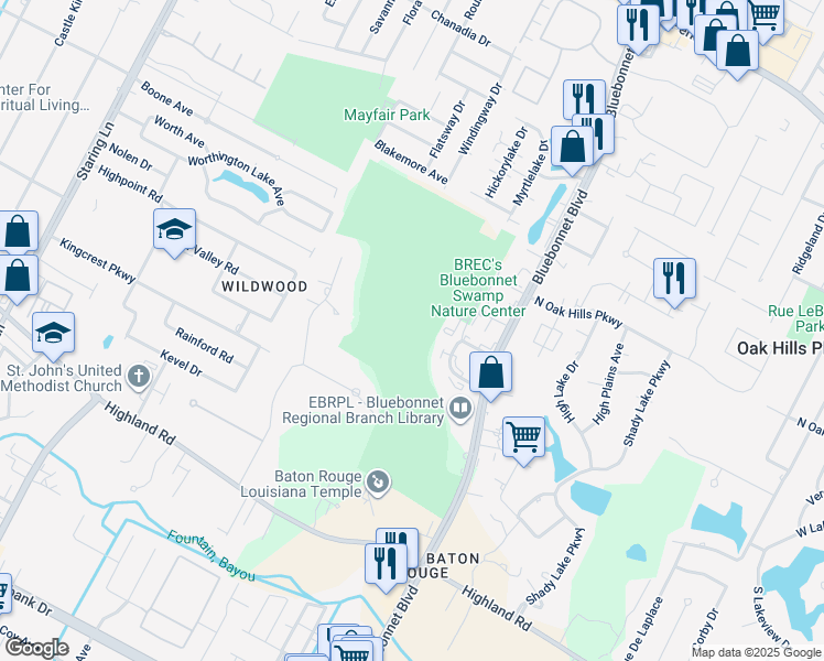 map of restaurants, bars, coffee shops, grocery stores, and more near 10503 North Oak Hills Parkway in Baton Rouge
