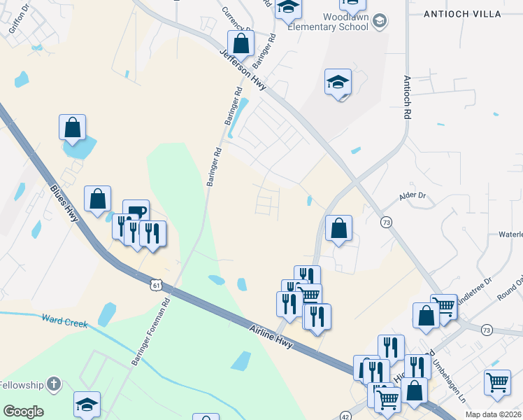 map of restaurants, bars, coffee shops, grocery stores, and more near Billiu Street in Baton Rouge