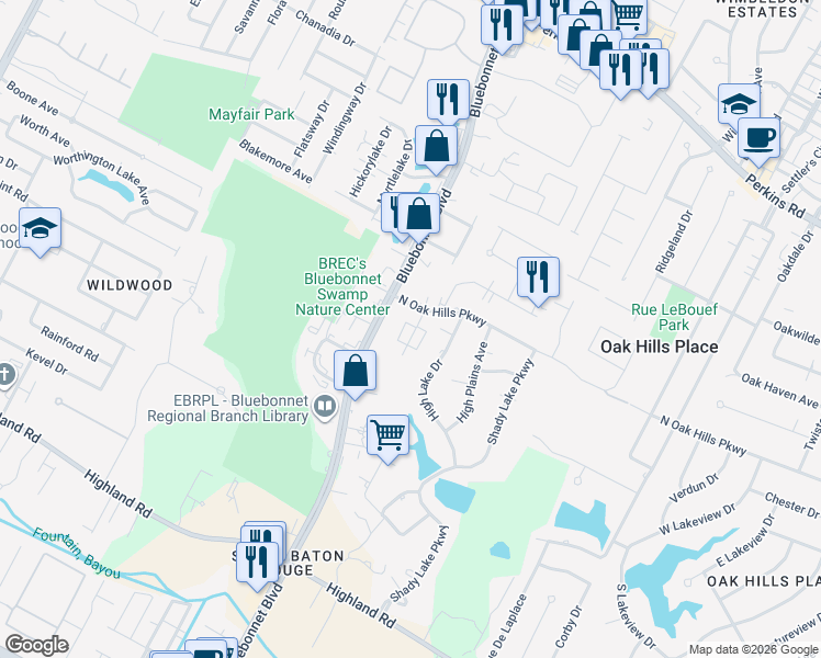 map of restaurants, bars, coffee shops, grocery stores, and more near 8831 Bluebonnet Boulevard in Baton Rouge