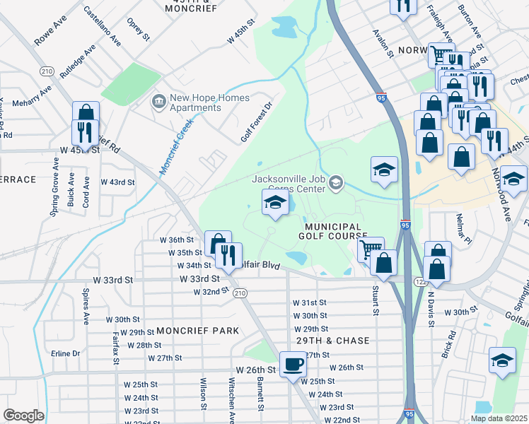 map of restaurants, bars, coffee shops, grocery stores, and more near 1157 Golfair Boulevard in Jacksonville