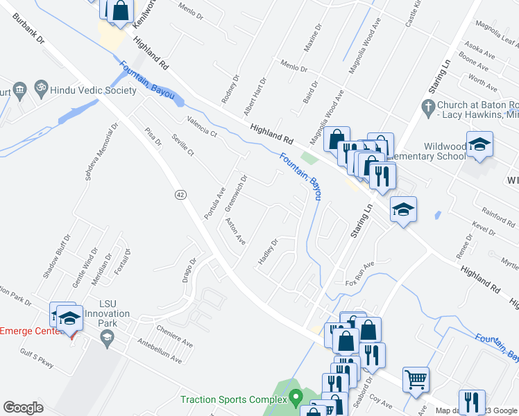 map of restaurants, bars, coffee shops, grocery stores, and more near 8628 Summer Grove Avenue in Baton Rouge
