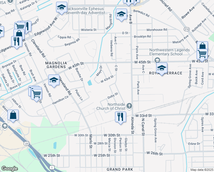 map of restaurants, bars, coffee shops, grocery stores, and more near 5062 Walcott Avenue in Jacksonville