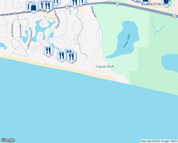 map of restaurants, bars, coffee shops, grocery stores, and more near 253 Village Beach Road West in Santa Rosa Beach