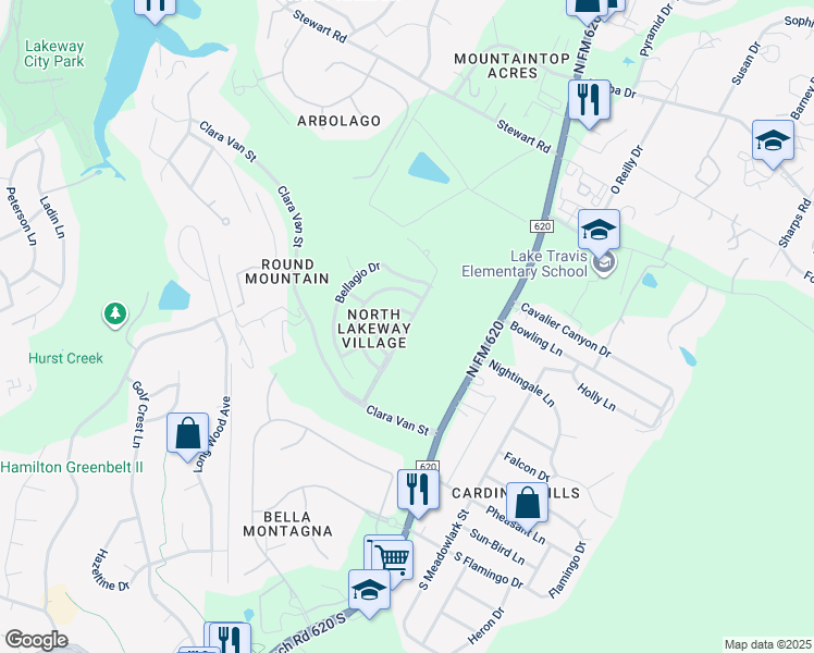 map of restaurants, bars, coffee shops, grocery stores, and more near San Remo Boulevard in Lakeway