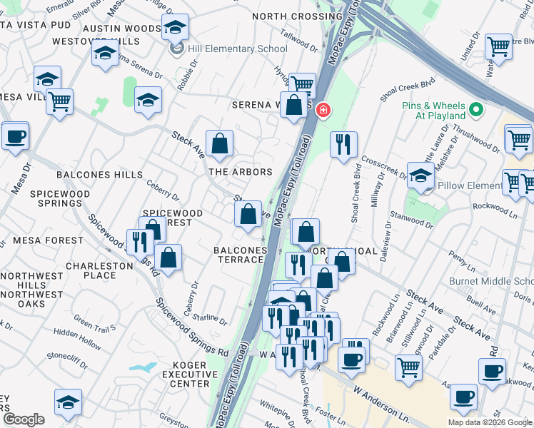 map of restaurants, bars, coffee shops, grocery stores, and more near N Mopac Expy & Steck Ave in Austin