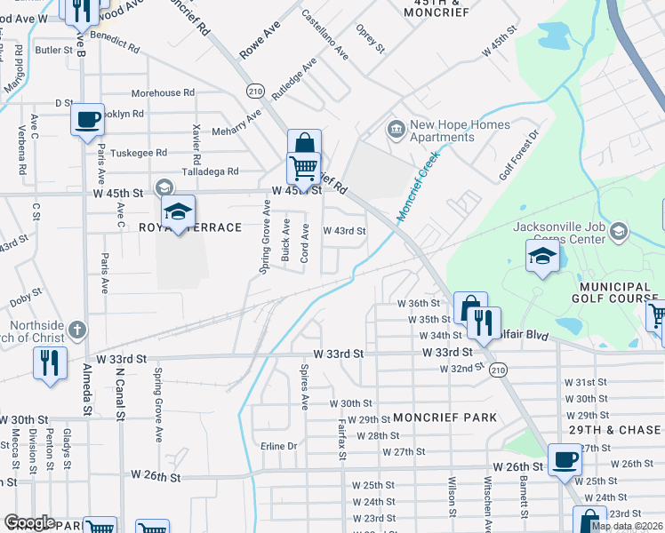 map of restaurants, bars, coffee shops, grocery stores, and more near 5236 Rita Street in Jacksonville