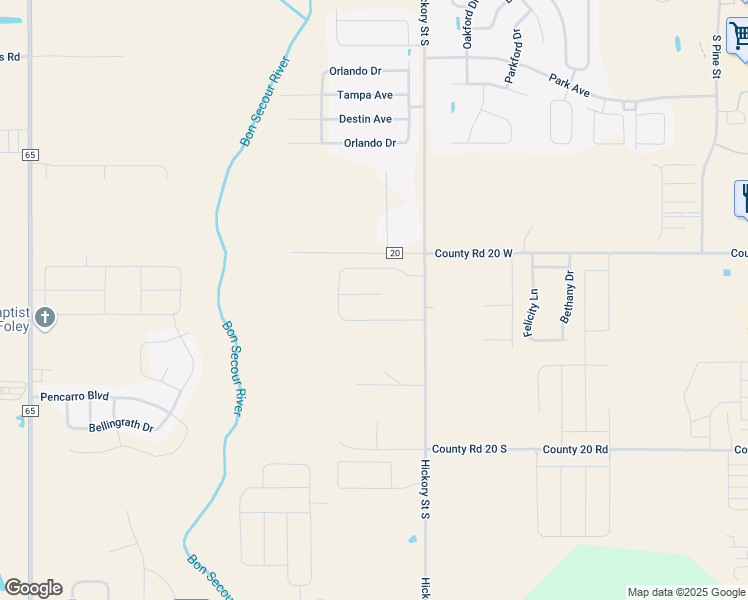 map of restaurants, bars, coffee shops, grocery stores, and more near 9880 Hickory Street South in Foley