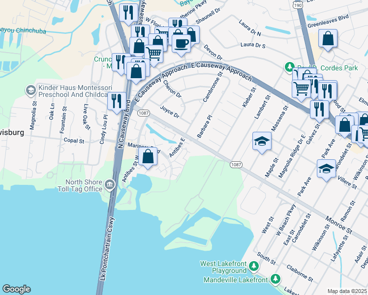 map of restaurants, bars, coffee shops, grocery stores, and more near 101-107 Antibes Street East in Mandeville