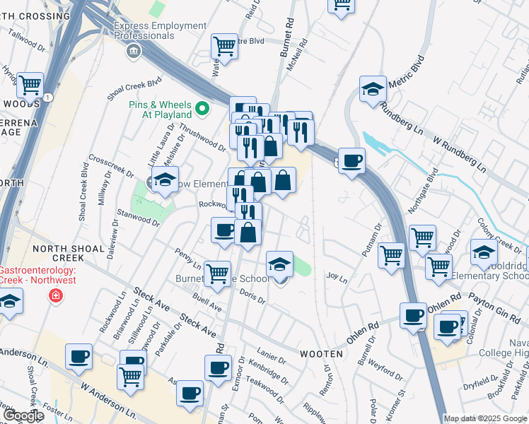 map of restaurants, bars, coffee shops, grocery stores, and more near 102 Polaris Avenue in Austin