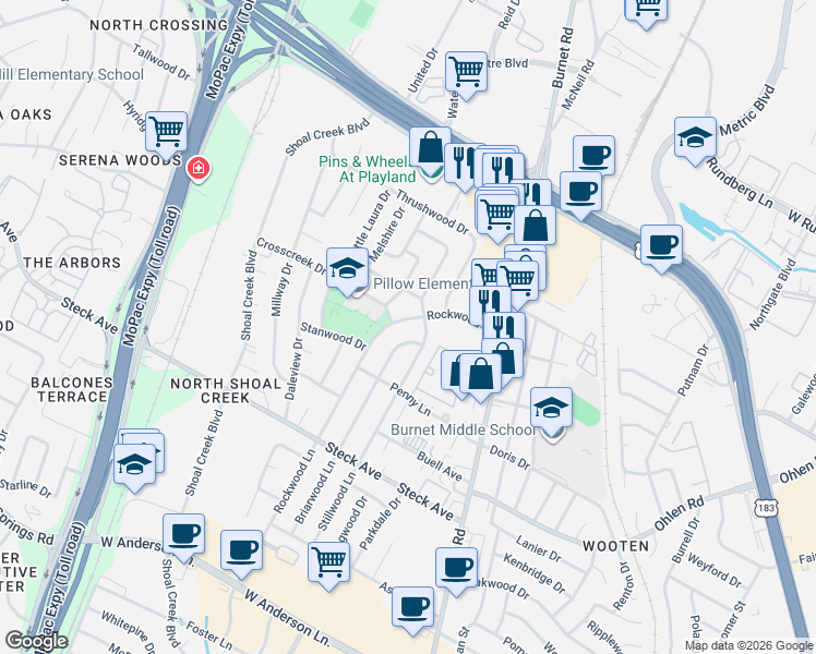 map of restaurants, bars, coffee shops, grocery stores, and more near 8600 Stillwood Lane in Austin