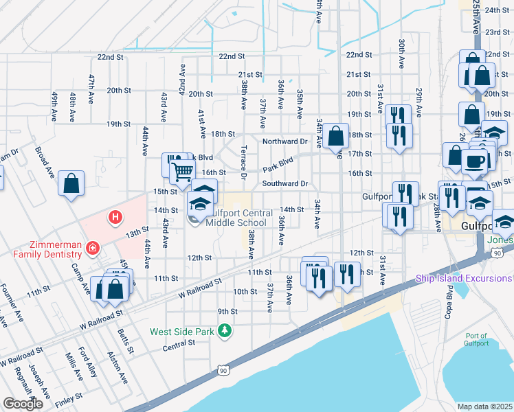 map of restaurants, bars, coffee shops, grocery stores, and more near 3708 14th Street in Gulfport