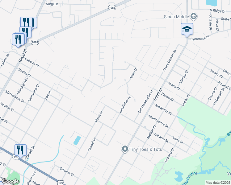 map of restaurants, bars, coffee shops, grocery stores, and more near 302 Vireo Drive in Mandeville
