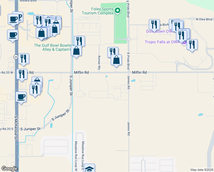 map of restaurants, bars, coffee shops, grocery stores, and more near 20750 Miflin Road in Foley