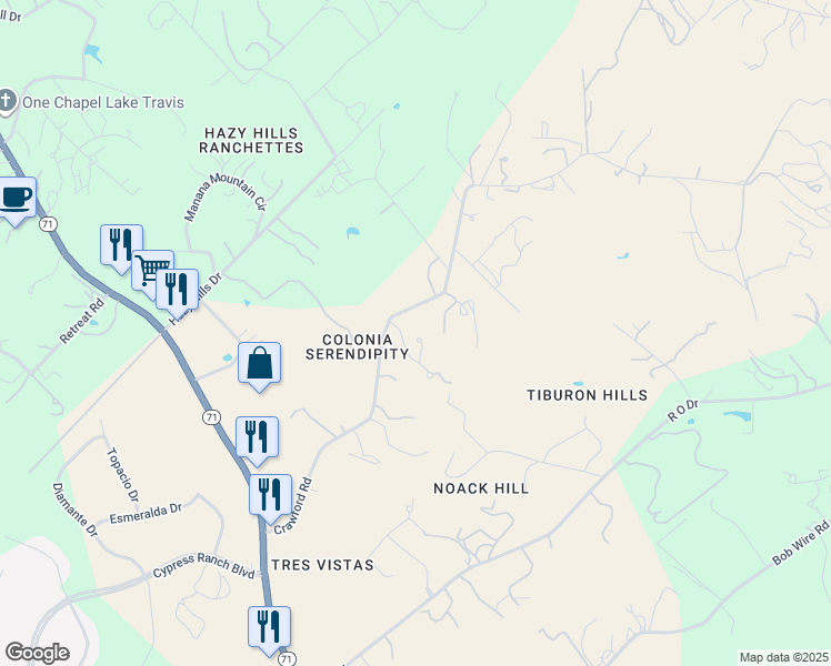 map of restaurants, bars, coffee shops, grocery stores, and more near 21604 Serendipity Place in Spicewood