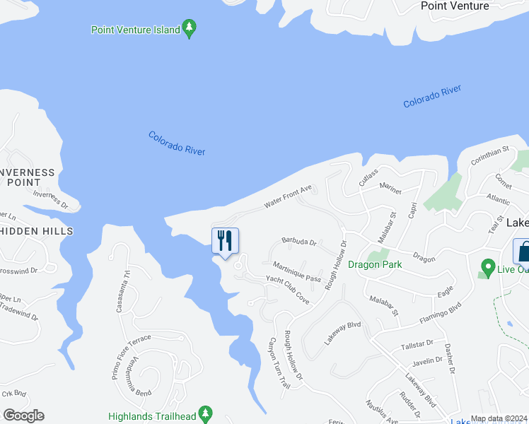 map of restaurants, bars, coffee shops, grocery stores, and more near 26 Water Front Avenue in Lakeway