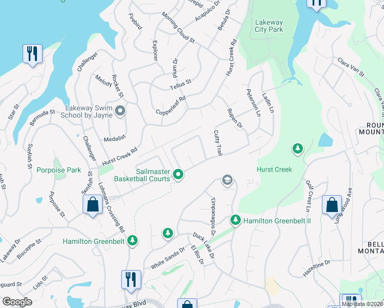 map of restaurants, bars, coffee shops, grocery stores, and more near 319 Regatta Court in Lakeway