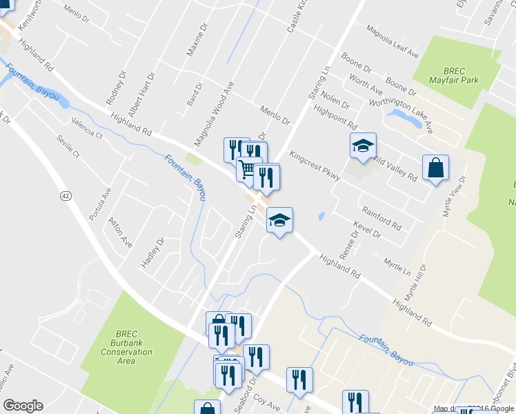 map of restaurants, bars, coffee shops, grocery stores, and more near 8910 Highland Road in Baton Rouge