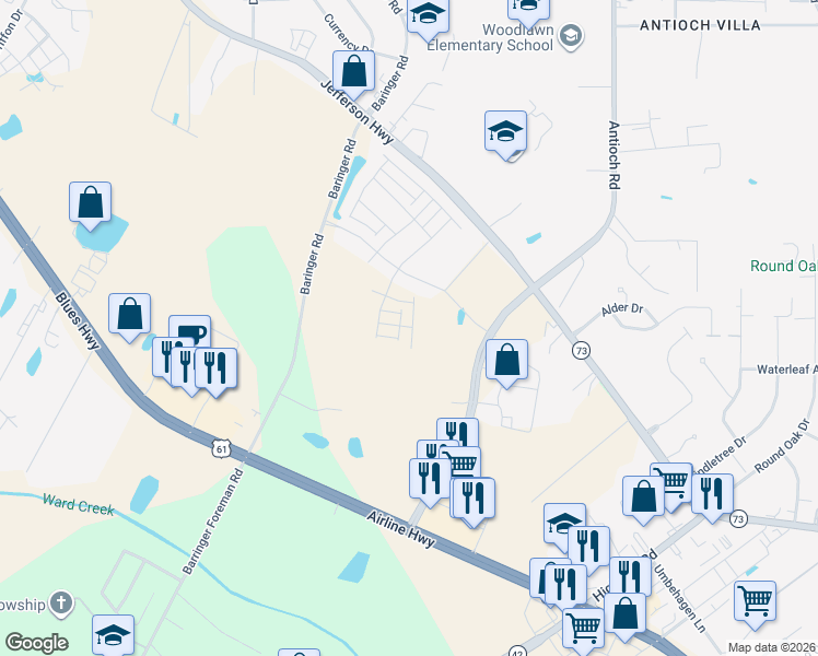 map of restaurants, bars, coffee shops, grocery stores, and more near 15725 Long Farm Road in Baton Rouge