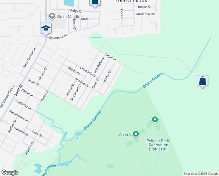 map of restaurants, bars, coffee shops, grocery stores, and more near 2401 Rue Toulander Street in Mandeville