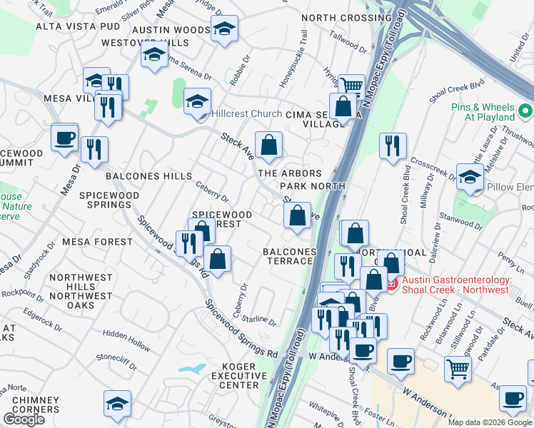 map of restaurants, bars, coffee shops, grocery stores, and more near 3605 Steck Avenue in Austin