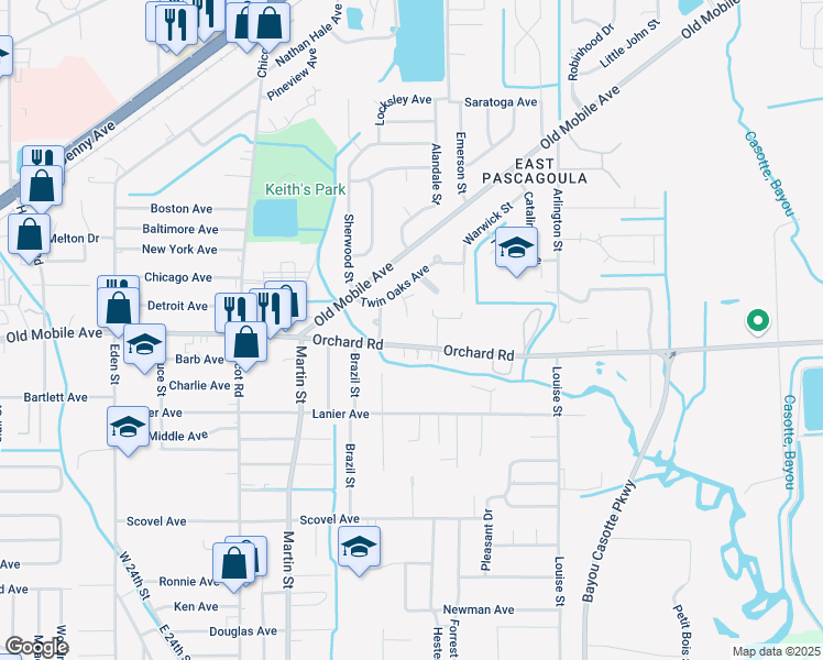 map of restaurants, bars, coffee shops, grocery stores, and more near 3407 Oakland Street in Pascagoula