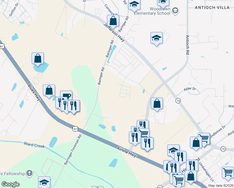 map of restaurants, bars, coffee shops, grocery stores, and more near Billiu Street in Baton Rouge