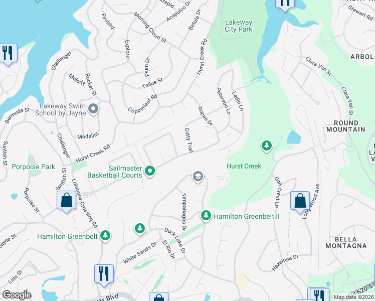 map of restaurants, bars, coffee shops, grocery stores, and more near 423 Sailmaster Street in Lakeway
