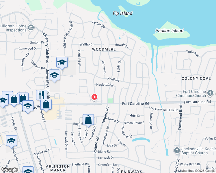 map of restaurants, bars, coffee shops, grocery stores, and more near 6607 Haslett Drive East in Jacksonville