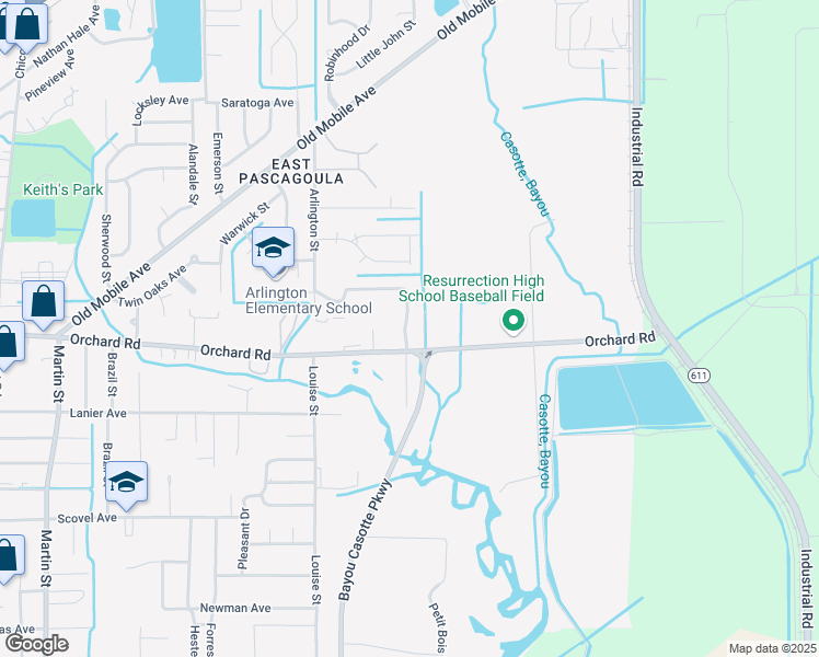 map of restaurants, bars, coffee shops, grocery stores, and more near 5201 Orchard Road in Pascagoula