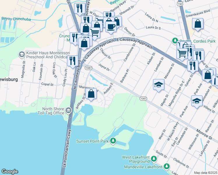 map of restaurants, bars, coffee shops, grocery stores, and more near 24 Saint Jean De Luz Avenue in Mandeville