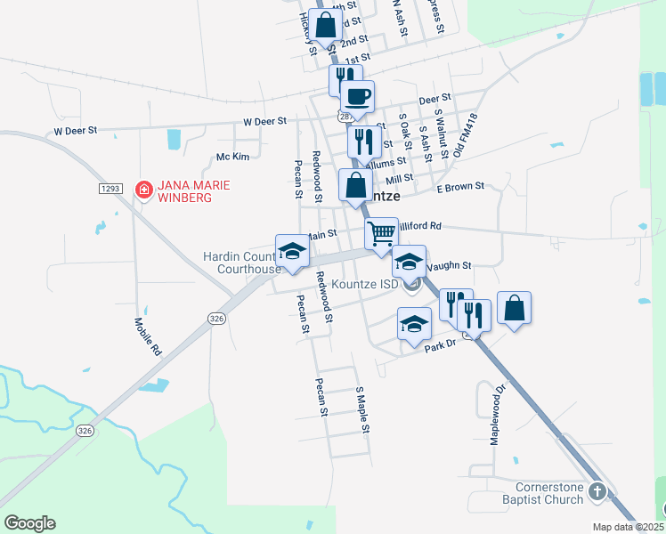 map of restaurants, bars, coffee shops, grocery stores, and more near 129 West Monroe Street in Kountze