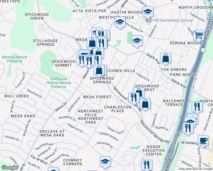map of restaurants, bars, coffee shops, grocery stores, and more near 4131 Spicewood Springs Road in Austin