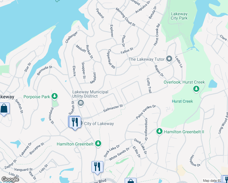map of restaurants, bars, coffee shops, grocery stores, and more near 275 Mooring Circle in Lakeway