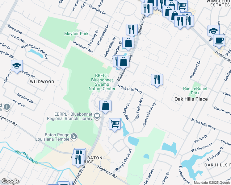 map of restaurants, bars, coffee shops, grocery stores, and more near 8831 Bluebonnet Boulevard in Baton Rouge