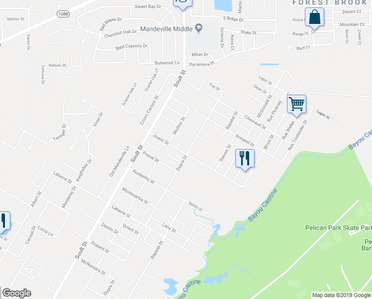 map of restaurants, bars, coffee shops, grocery stores, and more near 2058 Dupre Street in Mandeville